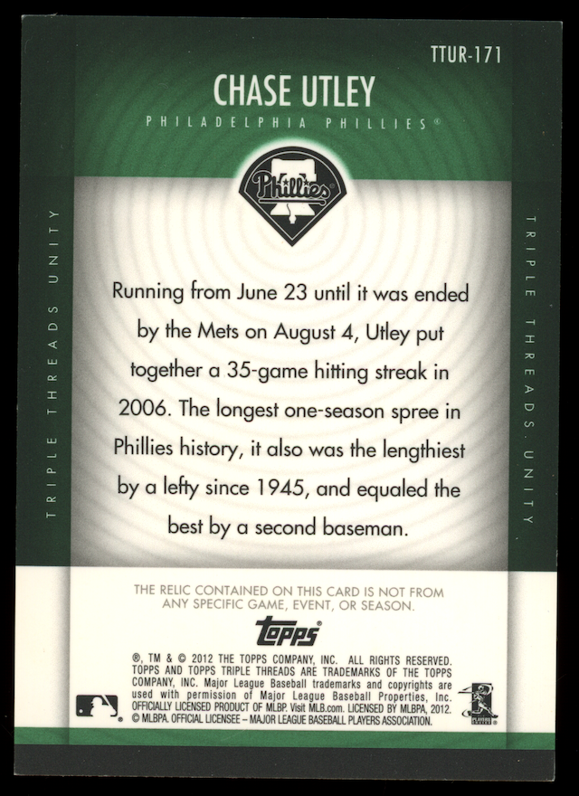 CHASE UTLEY 2012 Topps Triple Threads Emerald Game Used Patch /18 Phillies