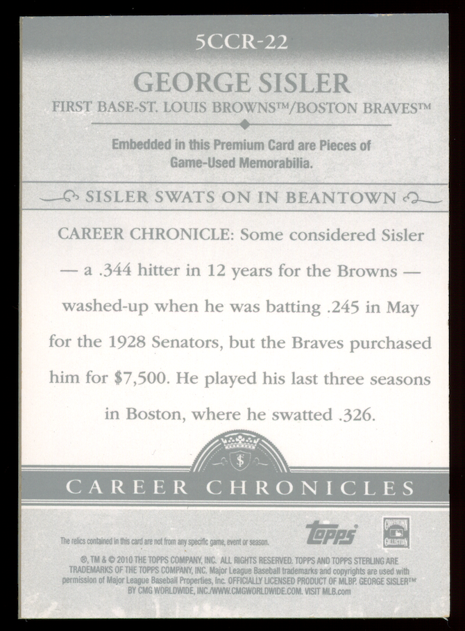 GEORGE SISLER 2010 Topps Sterling Career Chronicles Game Used Relic 1/1 #5CCR-22