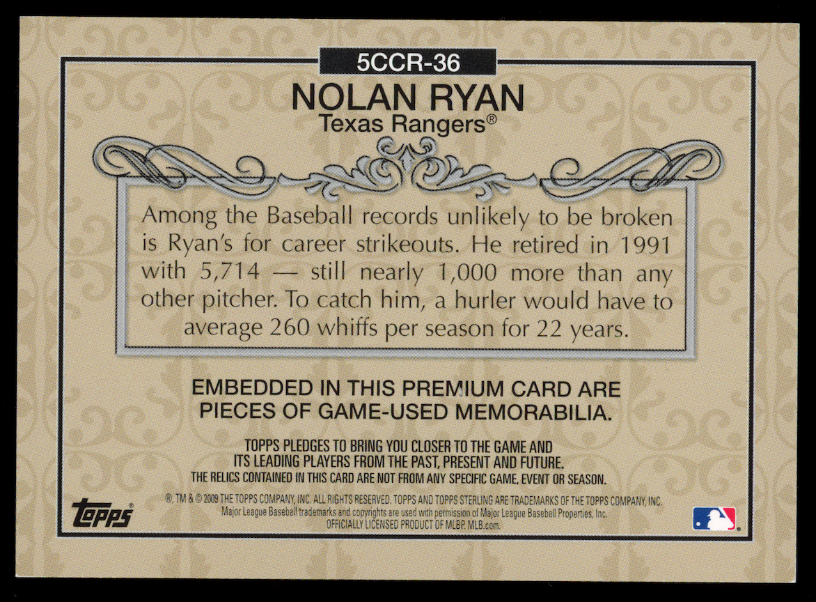 NOLAN RYAN 2009 Topps Sterling Game Used Patch Relic /10 #5CCR-36 Rangers
