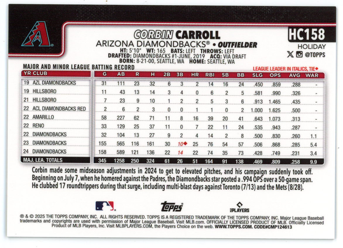 CORBIN CARROLL 2025 Topps Chrome Holiday Black Refractor /10 #HC158