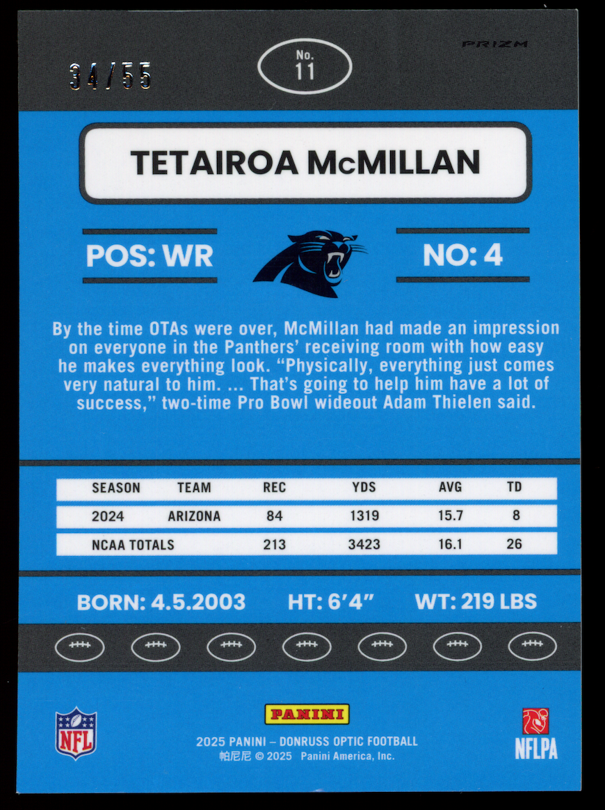 TETAIROA MCMILLAN 2025 Donruss Optic Retro Rookie Ice Prizm /55 #11 Panthers