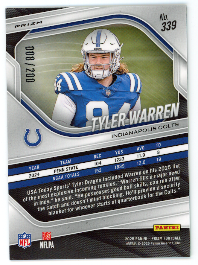 TYLER WARREN 2025 Panini Prizm Rookie Hyper Prizm /200 #339 Colts