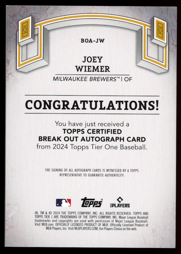 JOEY WIEMER 2024 Topps Tier One Break Out Auto Blue /99 #BOA-JW Brewers