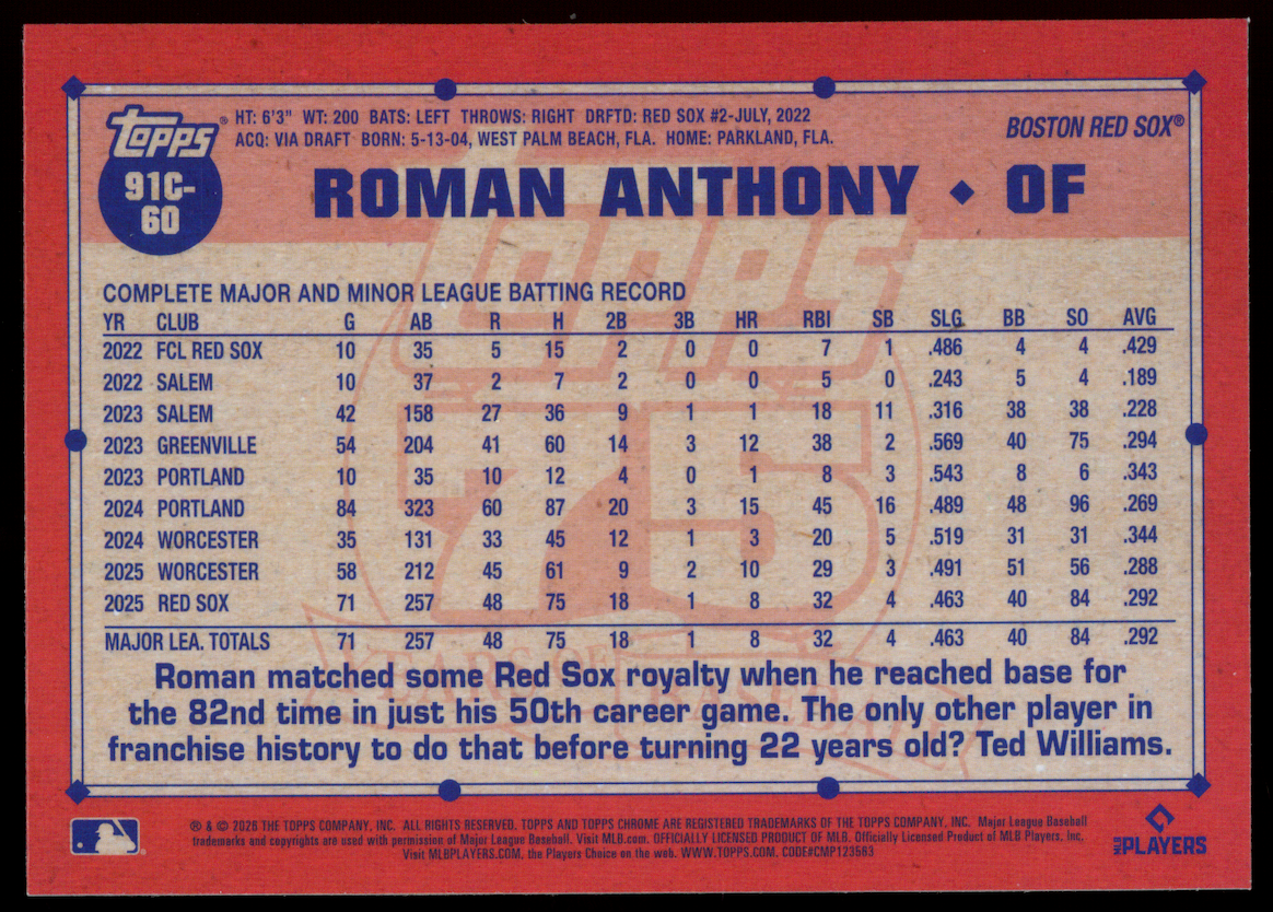 ROMAN ANTHONY 2026 Topps Series One Silver Pack Rookie Chrome Green /99 #91C-60