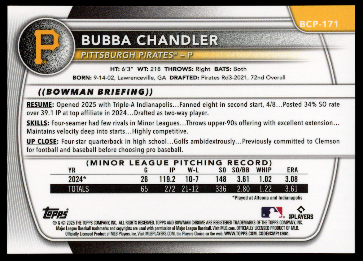 BUBBA CHANDLER 2025 Bowman Chrome Prospect Gold Wave Refractor /50 #BCP-171