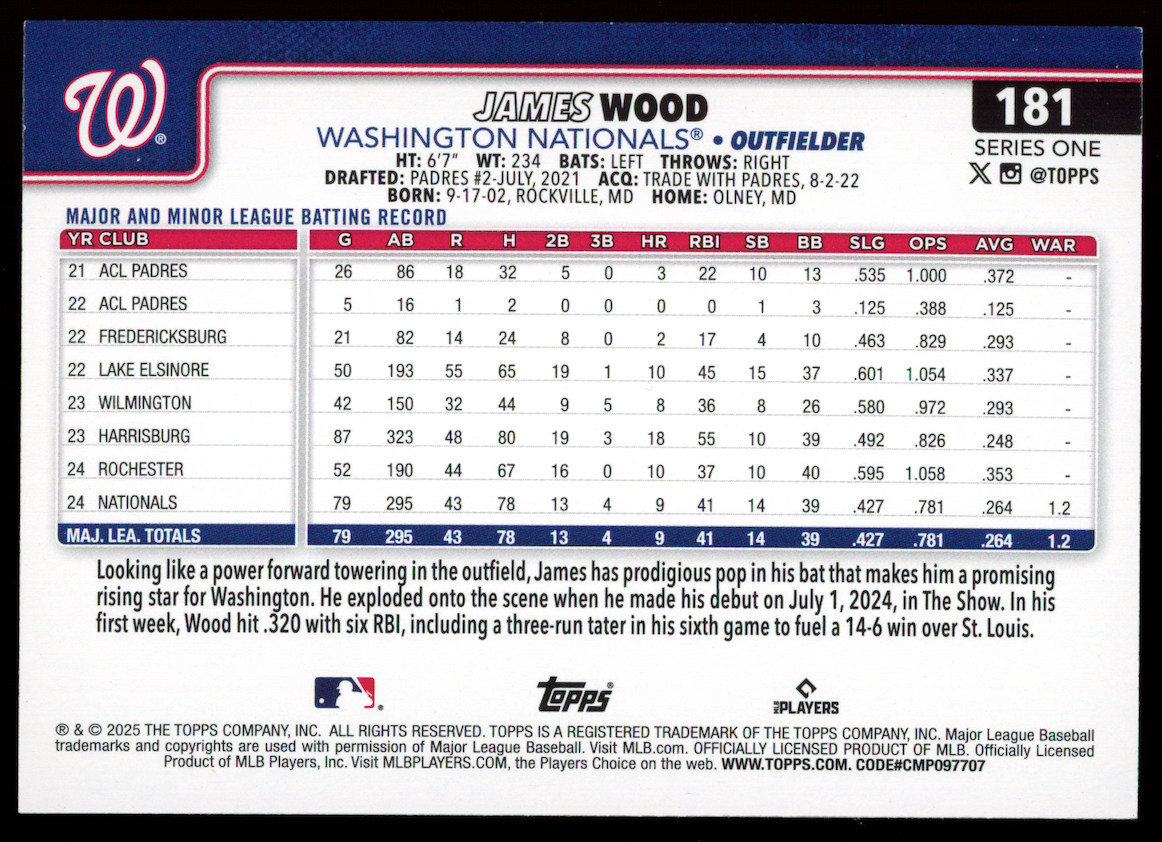 JAMES WOOD 2025 Topps Series One Team Logo Border Rookie #181 Nationals