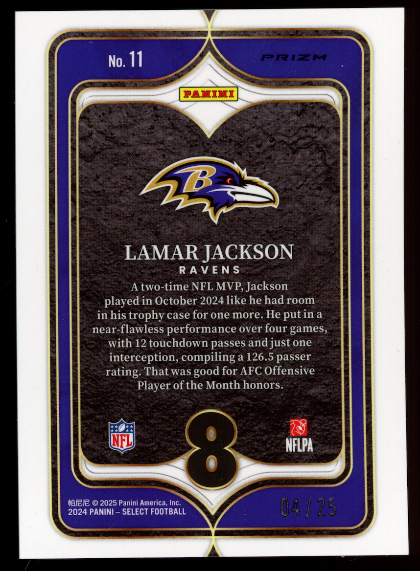 LAMAR JACKSON 2024 Panini Select Numbers Tie-Dye Prizm /25 #11 Ravens