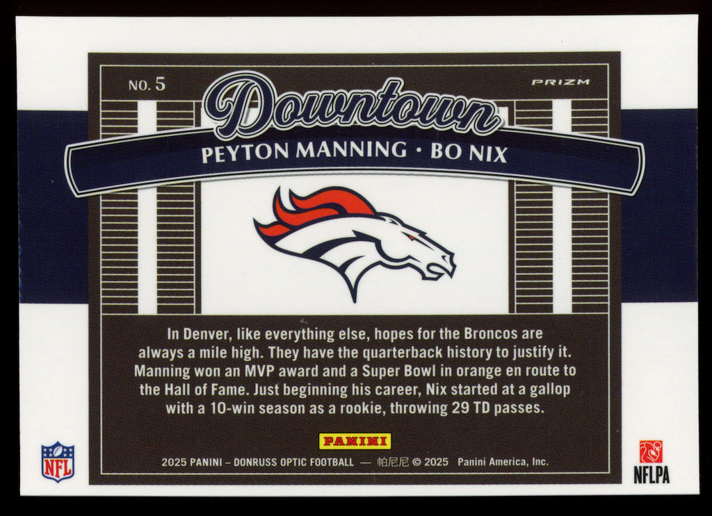 BO NIX PEYTON MANNING 2025 Panini Donruss Optic Downtown Duos SSP #5 Broncos