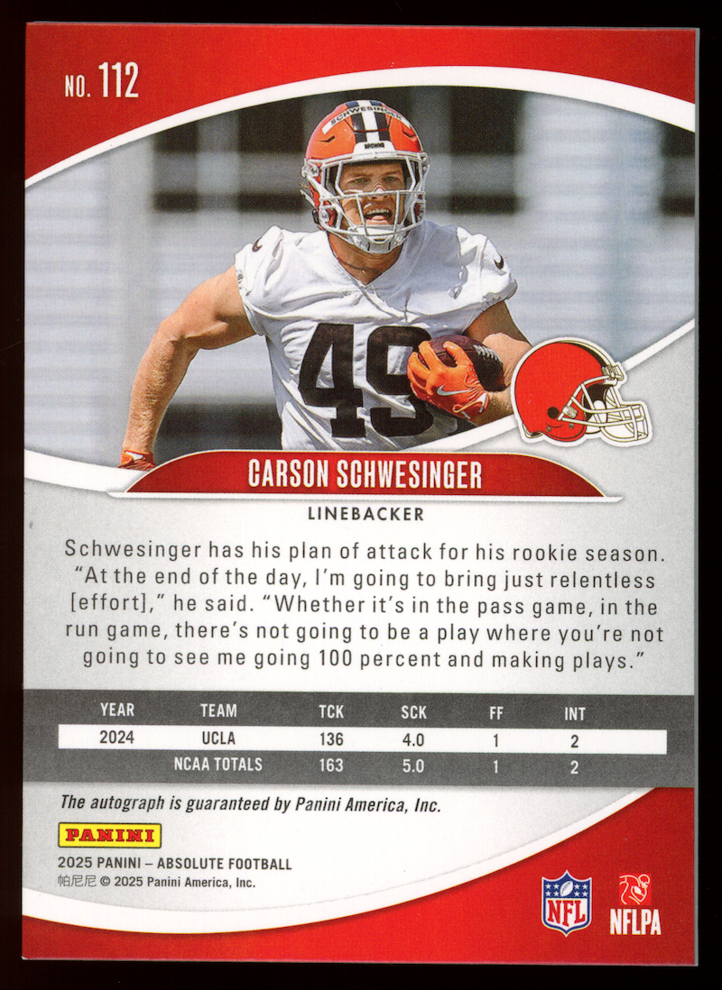 CARSON SCHWESINGER 2025 Panini Absolute Rookie Auto Spectrum Red /100 #112 Brown