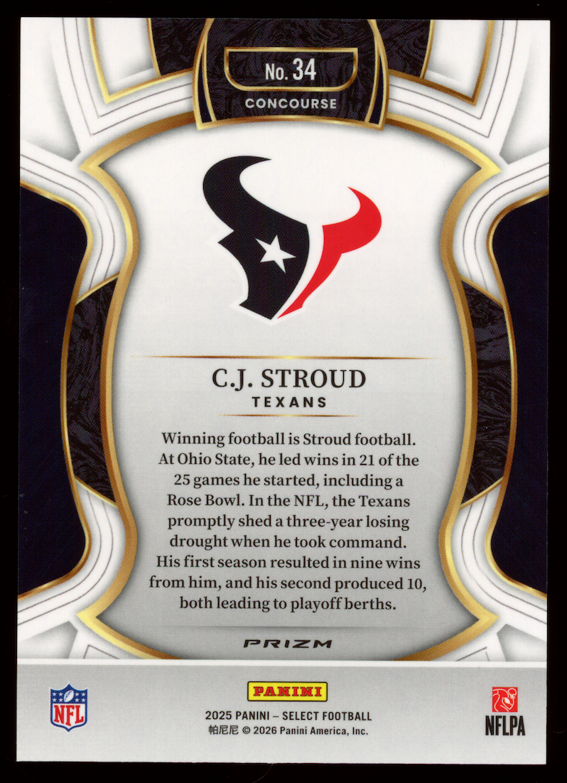 C.J. STROUD 2025 Panini Select Concourse Zebra Prizm Case Hit SSP #34 Texans