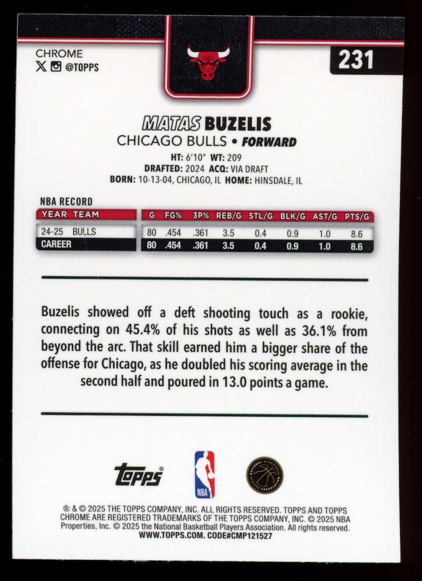 MATAS BUZELIS 2025-26 Topps Chrome Purple Pulsar Refractor /75 #231 Bulls