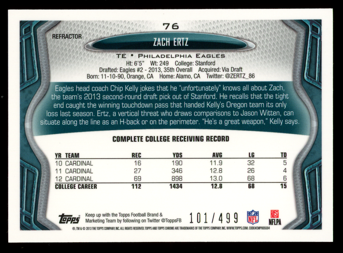 ZACH ERTZ 2013 Topps Chrome Rookie Camo Refractor /499 #76 Eagles