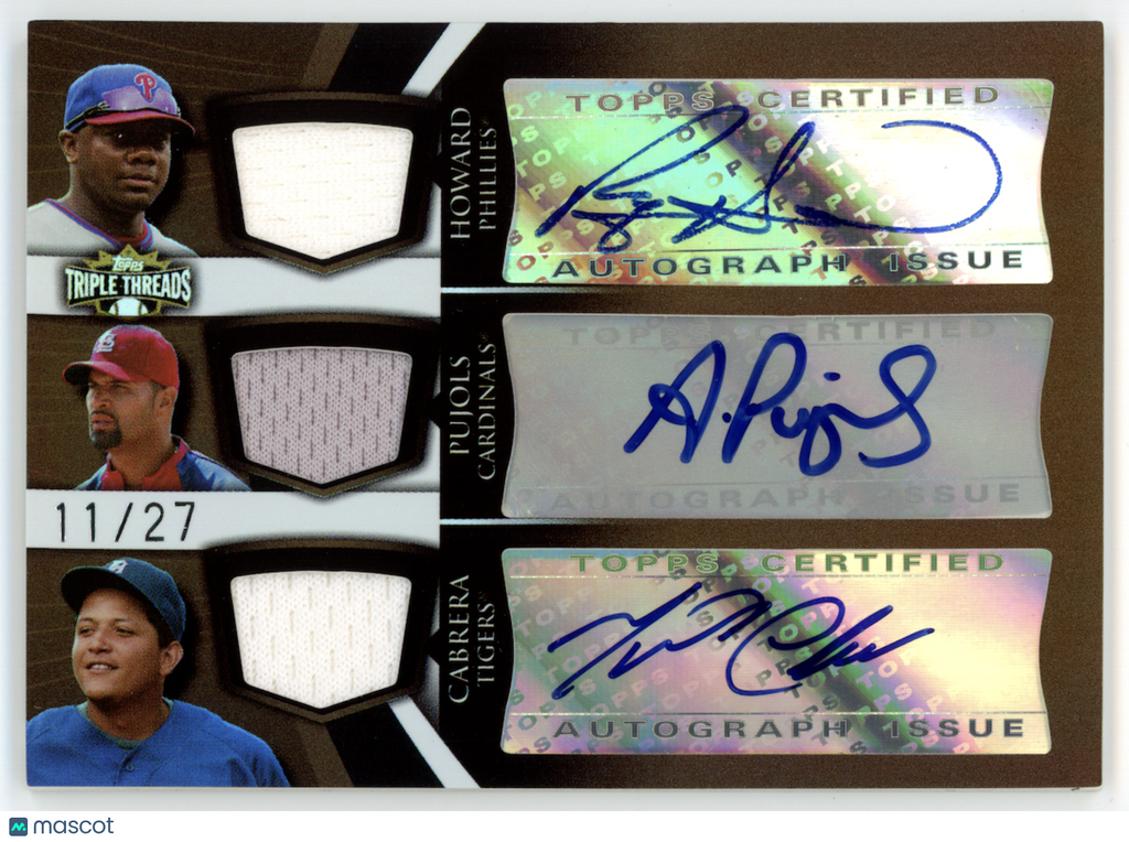 MIGUEL CABRERA RYAN HOWARD ALBERT PUJOLS 2009 Triple Threads Auto Relic /27