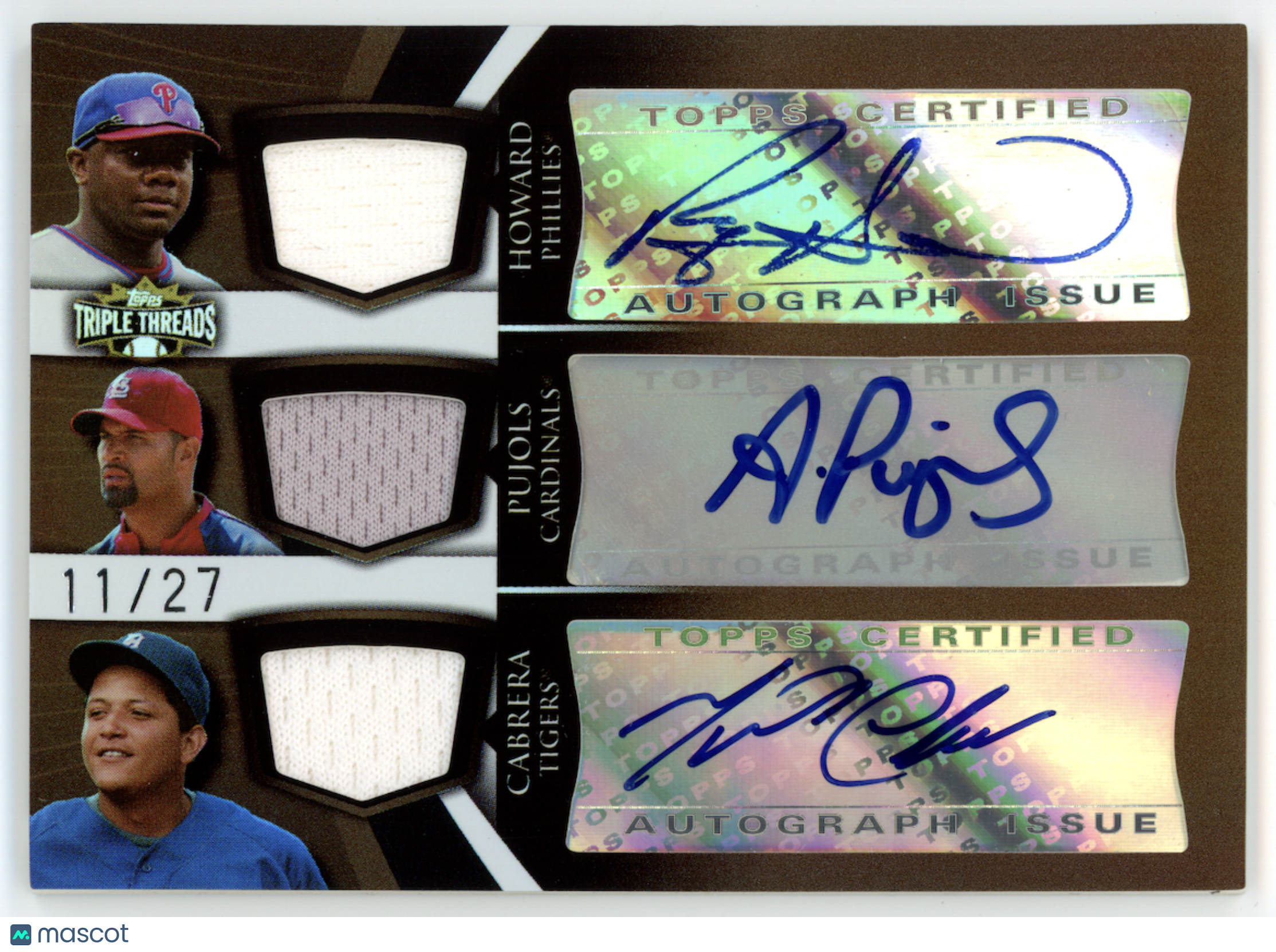 MIGUEL CABRERA RYAN HOWARD ALBERT PUJOLS 2009 Triple Threads Auto Relic /27