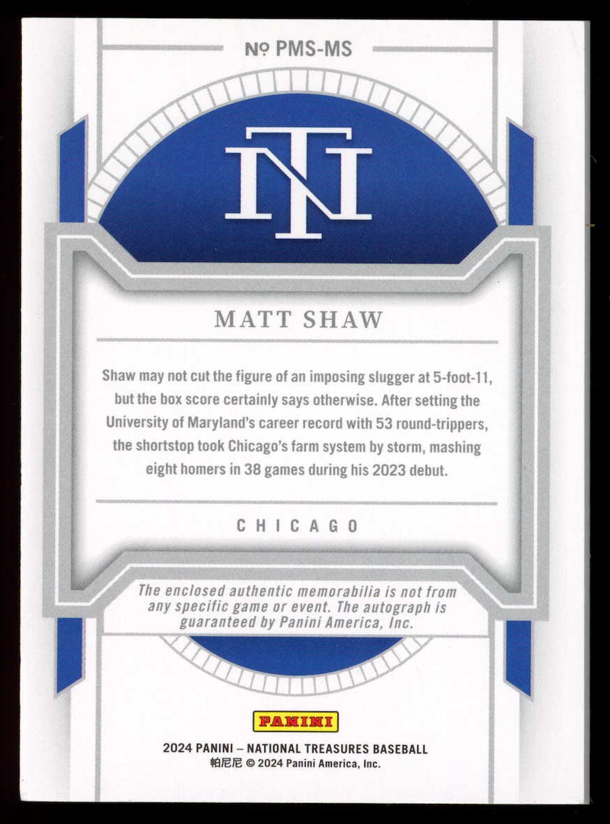 MATT SHAW 2024 Panini National Treasures Prospect Patch Auto /49 #PMS-MS Cubs