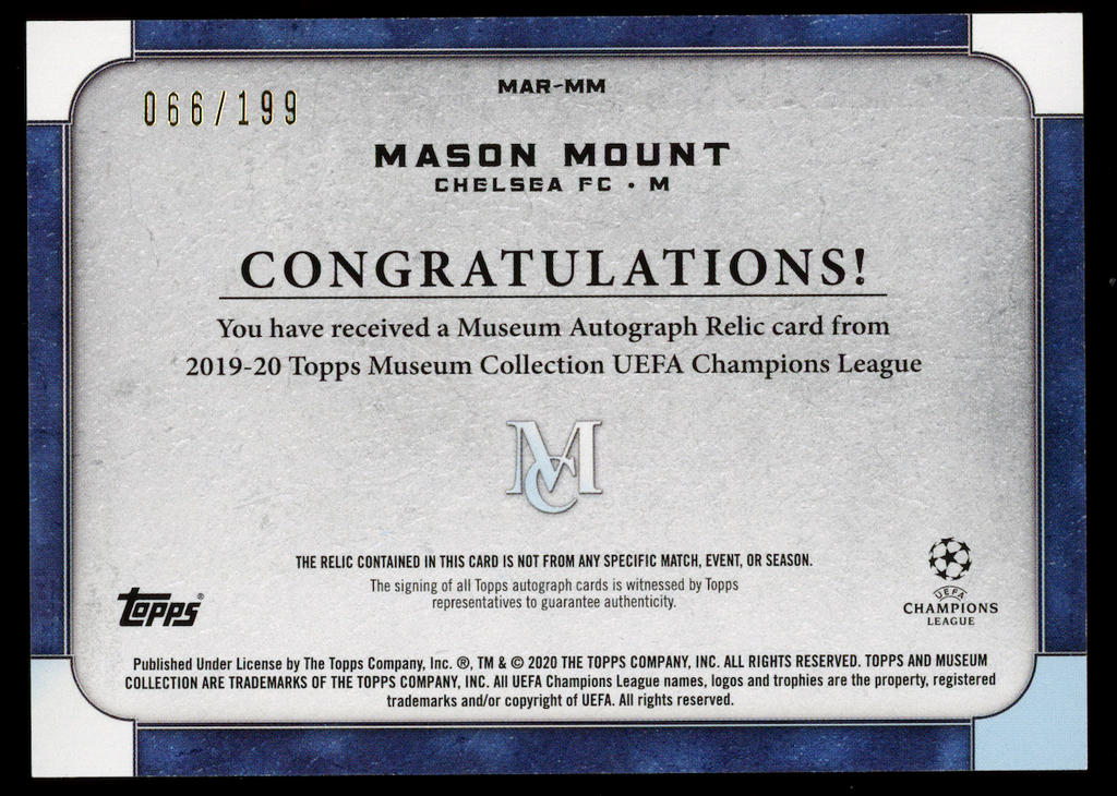 MASON MOUNT 2019-20 Topps Museum Collection Champions League Patch Auto /199