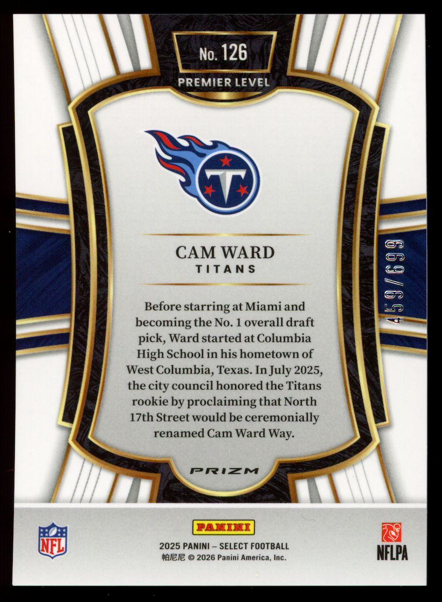 CAM WARD 2025 Panini Select Rookie Premier Level Green Shock Prizm /699 #126