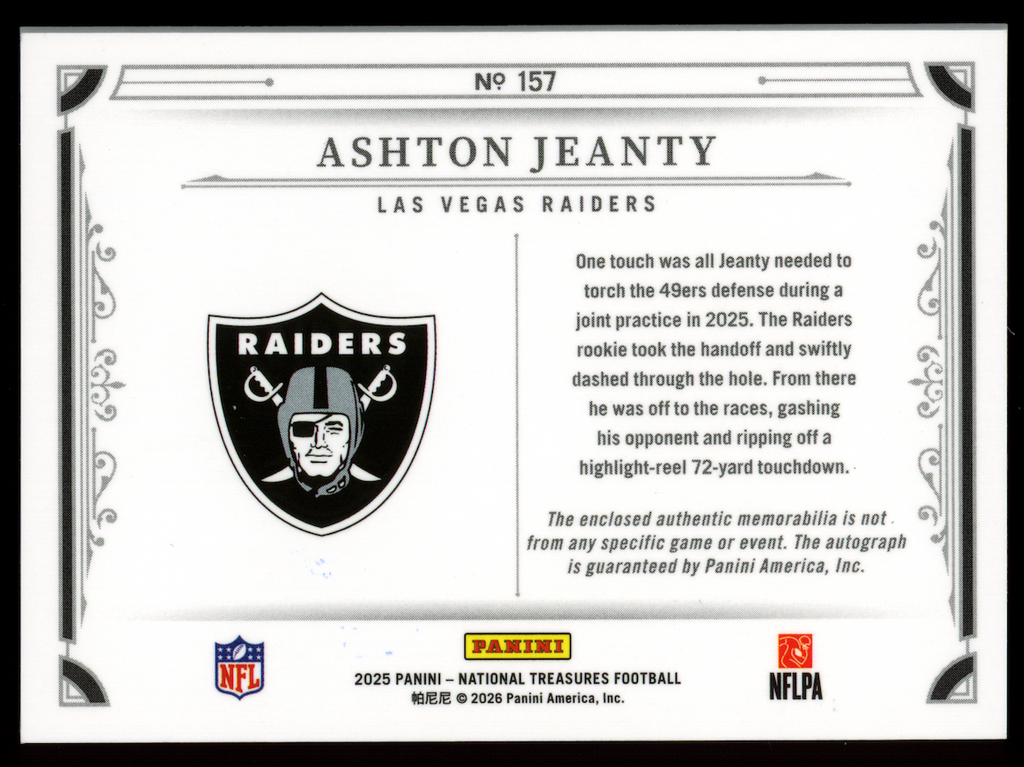 ASHTON JEANTY 2025 Panini National Treasures True Rookie Patch Auto /99 #157