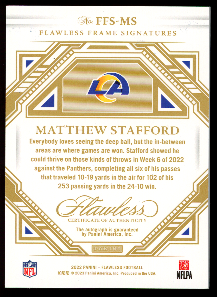 MATTHEW STAFFORD 2022 Panini Flawless Frame Auto Sapphire /5 #FFS-MS Rams