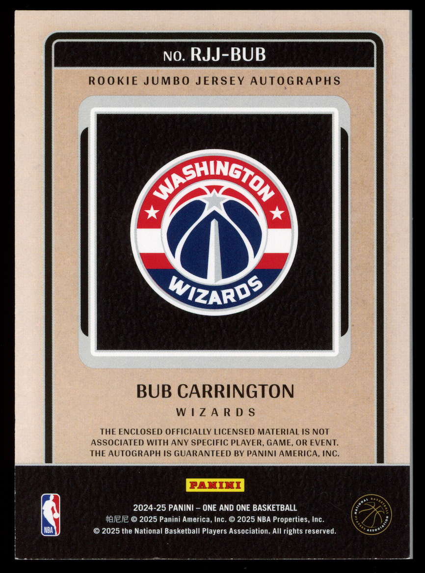 BUB CARRINGTON 2024-25 Panini One and One Rookie Jumbo Jersey Auto /35 #RJJ-BUB