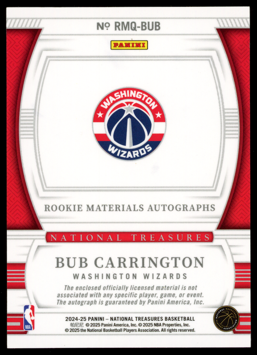BUB CARRINGTON 2024-25 Panini National Treasures Rookie Quad Patch Auto Red /8