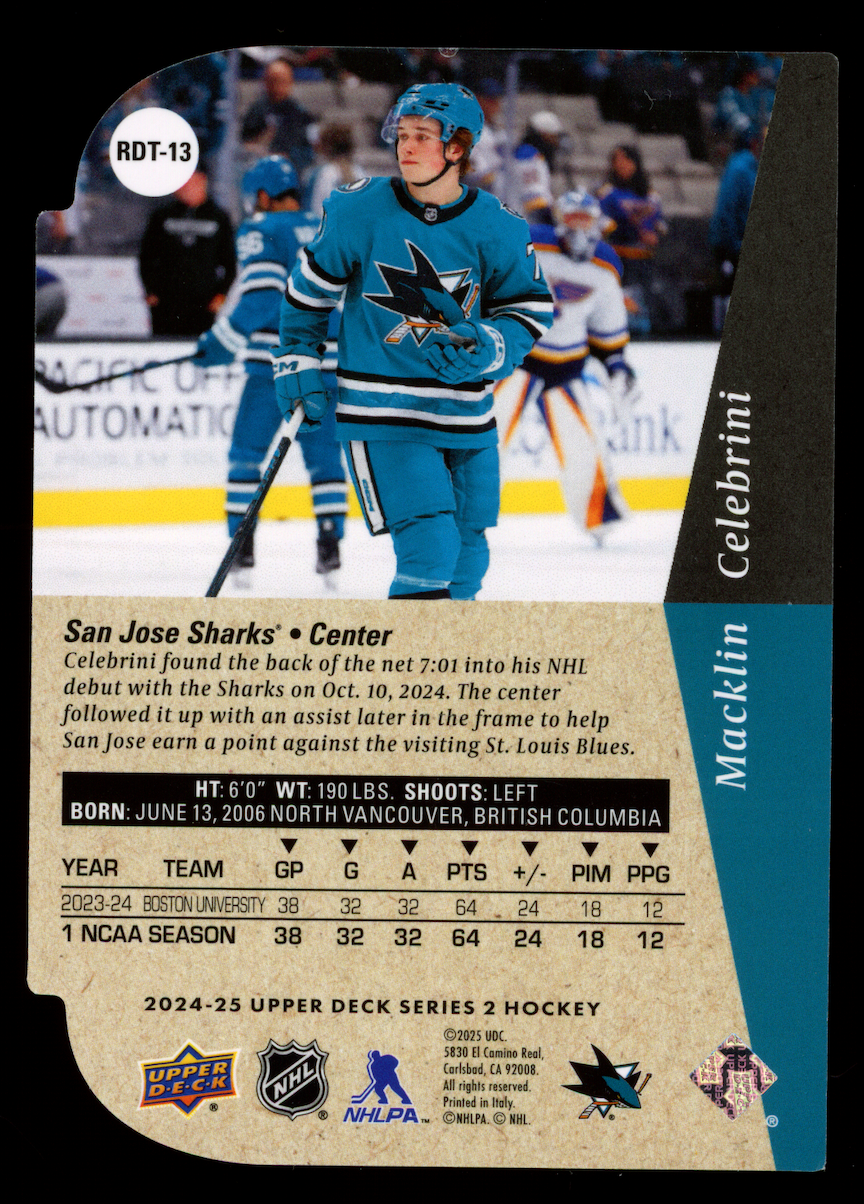 MACKLIN CELEBRINI 2024-25 Upper Deck Series 2 Rookie Die Cut #RDT-13 Sharks
