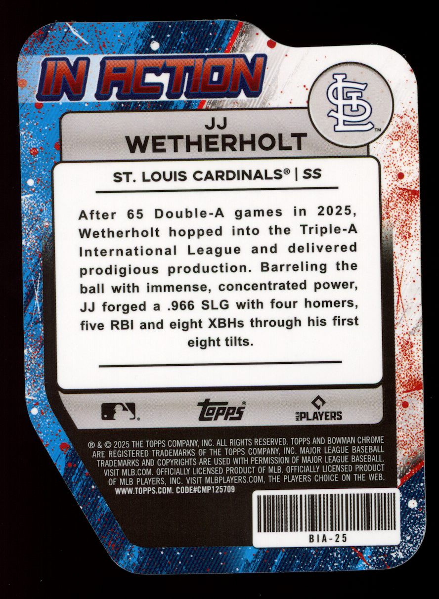 JJ WETHERHOLT 2025 Bowman Chrome In Action Gold Refractor /50 #BIA-25 Cardinals