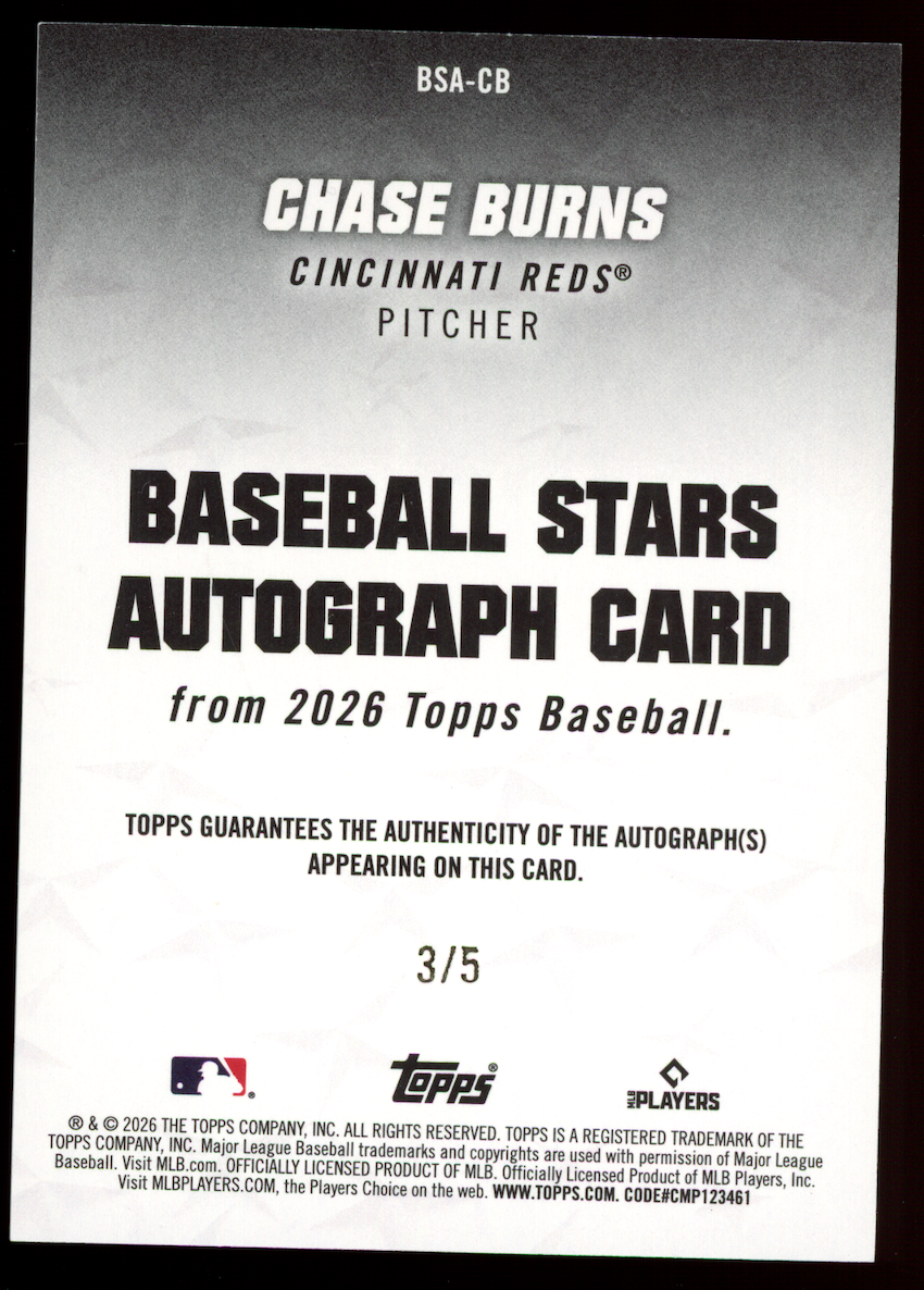 CHASE BURNS 2026 Topps Series 1 Baseball Stars Rookie Auto Red /5 #BSA-CB Reds