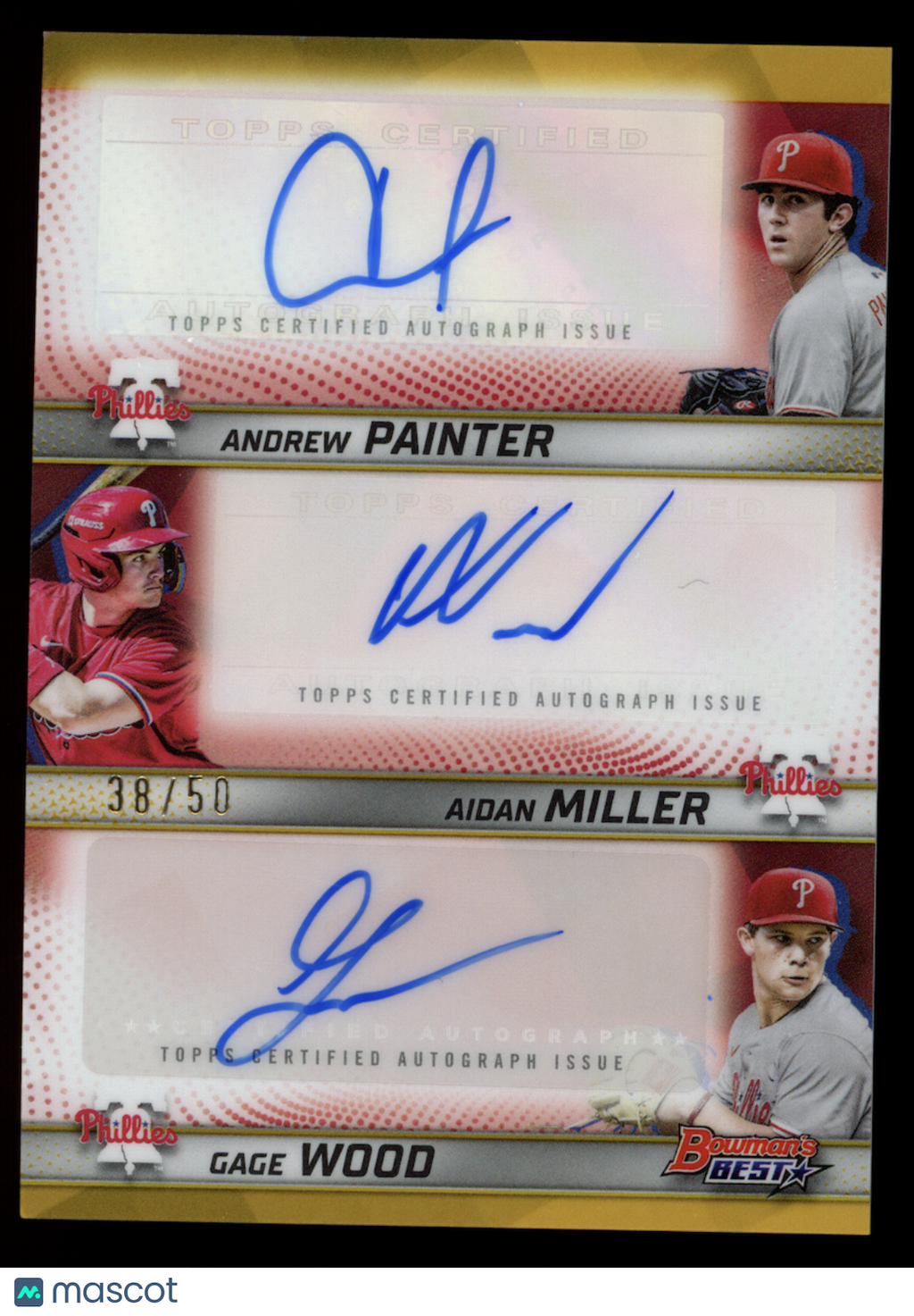 ANDREW PAINTER AIDAN MILLER GAGE WOOD 2025 Bowman's Best Gold Auto /50 #TA-PMW