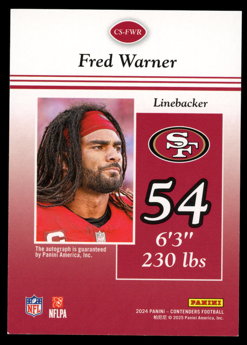 FRED WARNER 2024 Panini Contenders Auto Blue /50 #CS-FWR 49ers