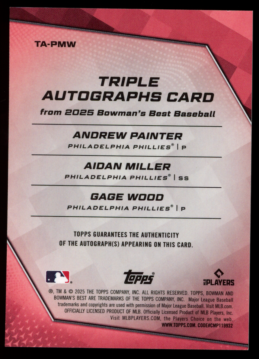 ANDREW PAINTER AIDAN MILLER GAGE WOOD 2025 Bowman's Best Gold Auto /50 #TA-PMW