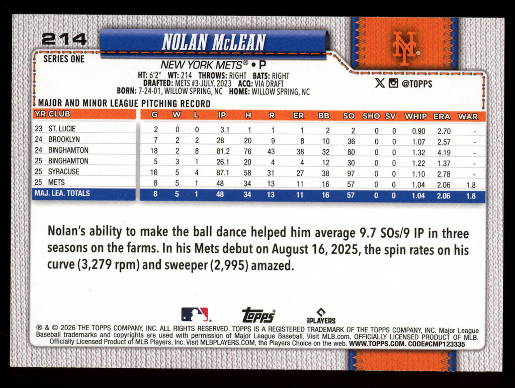 NOLAN MCLEAN 2026 Topps Series One Rookie Team Border SSP #214 Mets