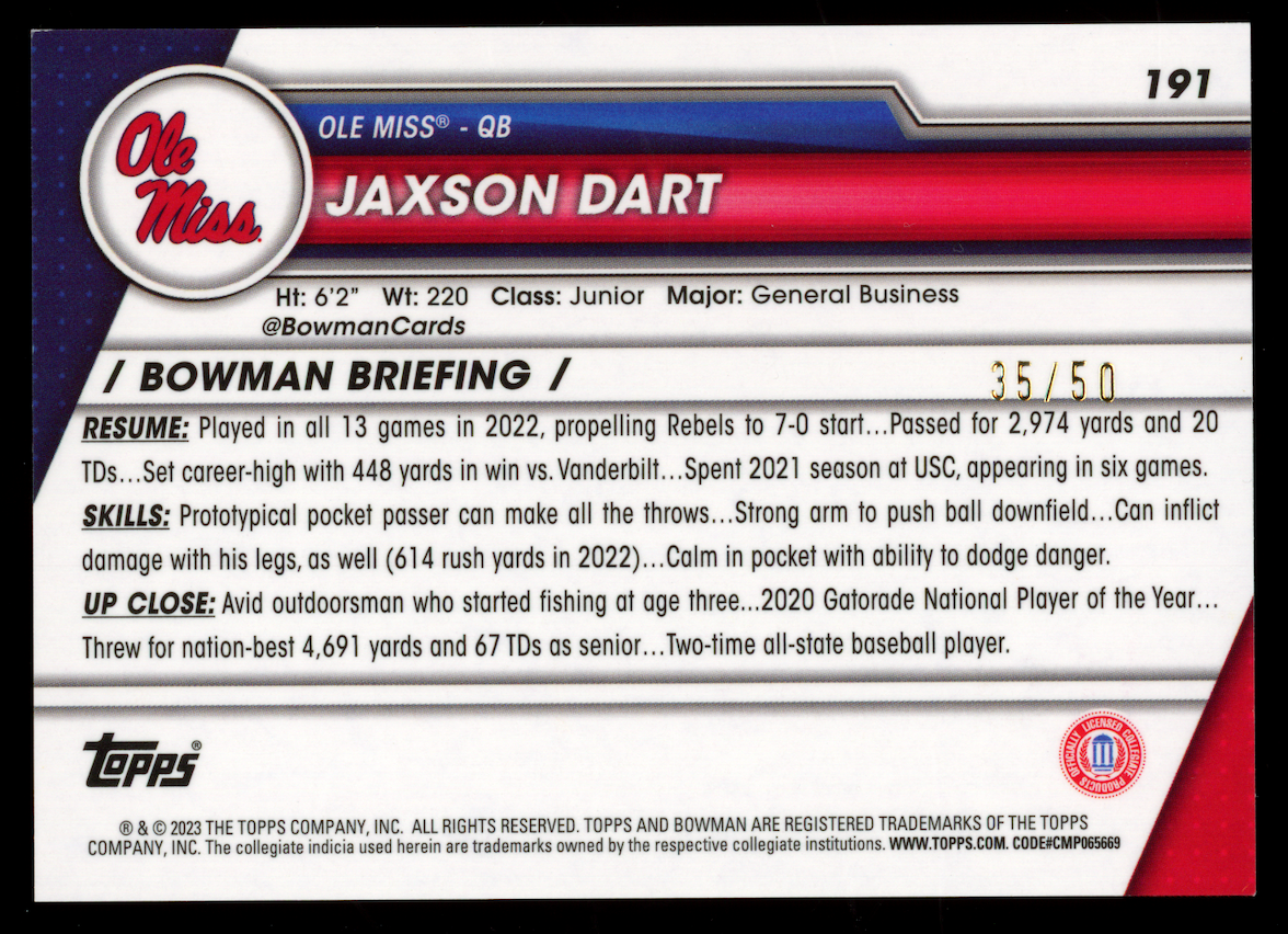JAXSON DART 2023 Bowman University Chrome Gold Refractor /50 #191 Ole Miss