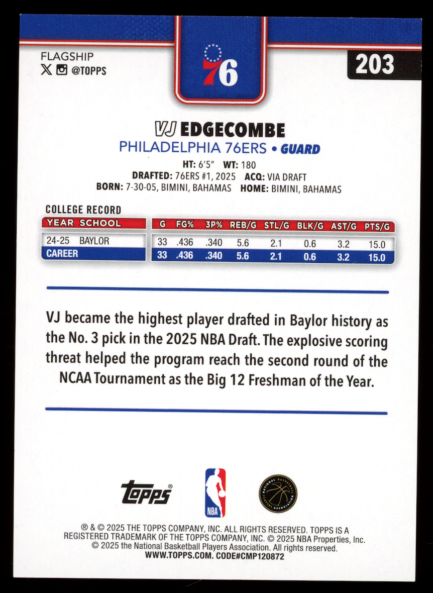 VJ EDGECOMBE 2025-26 Topps Flagship Rookie Green Rainbow Foil /99 #203 76ers