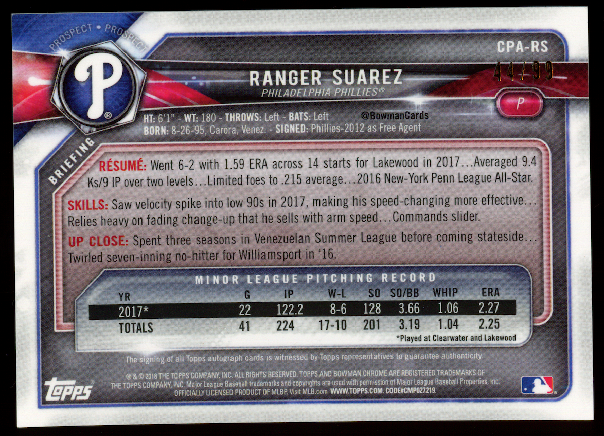 RANGER SUAREZ 2018 Bowman Chrome 1st Auto Green Refractor /99 #CPA-RS Phillies