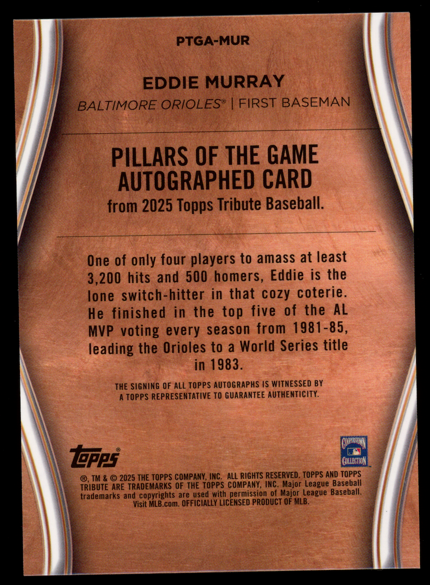 EDDIE MURRAY 2025 Topps Tribute Pillars Game Orange Auto /25 #PTGA-MUR Orioles