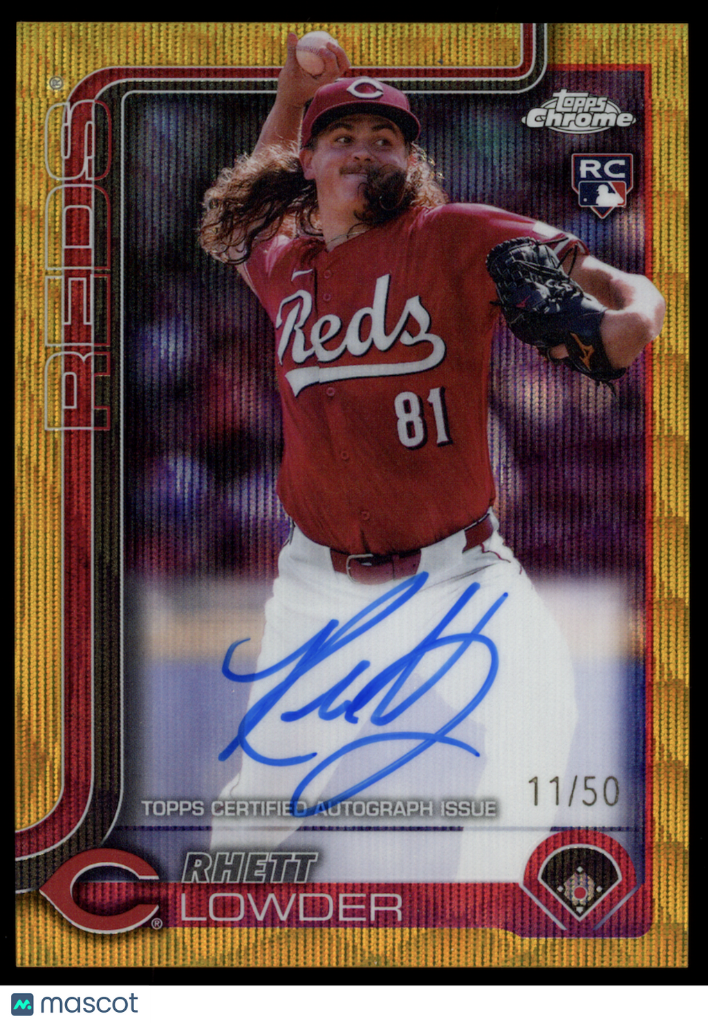 RHETT LOWDER 2025 Topps Chrome Rookie Auto Gold Wave Refractor /50 #RA-RL Reds