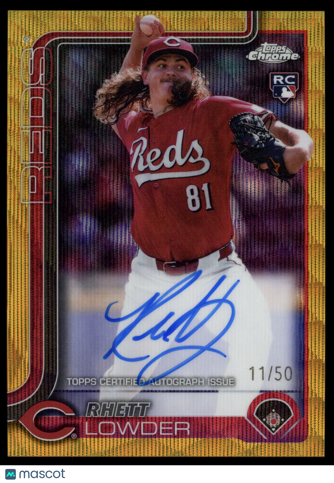 RHETT LOWDER 2025 Topps Chrome Rookie Auto Gold Wave Refractor /50 #RA-RL Reds
