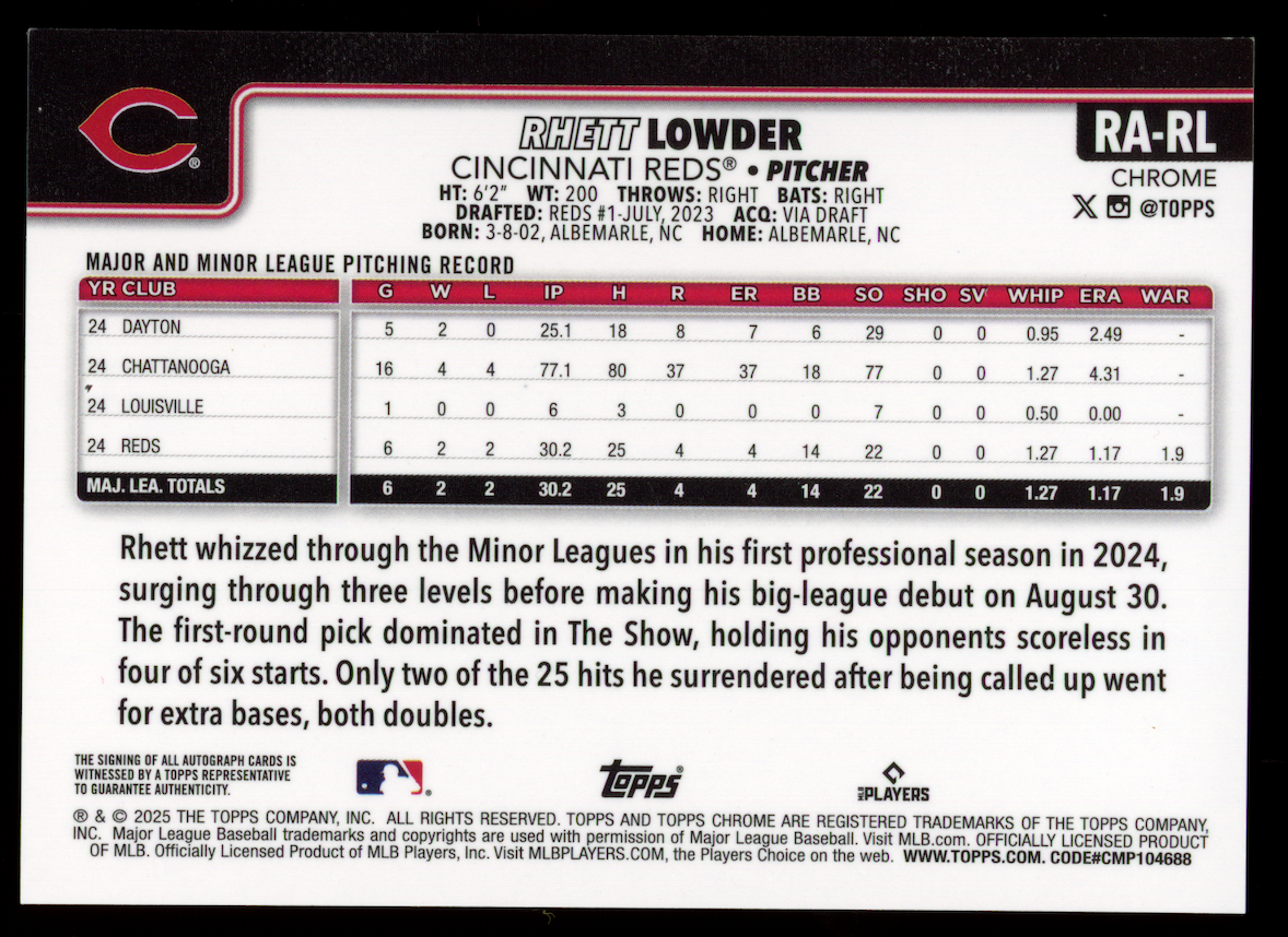 RHETT LOWDER 2025 Topps Chrome Rookie Auto Gold Wave Refractor /50 #RA-RL Reds