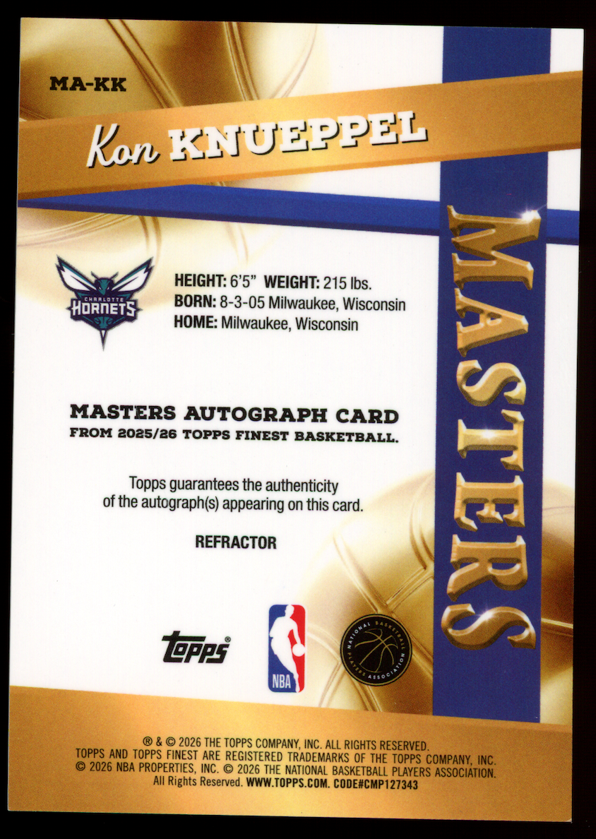KON KNUEPPEL 2025-26 Topps Finest Masters Rookie Refractor Auto #MA-KK Hornets