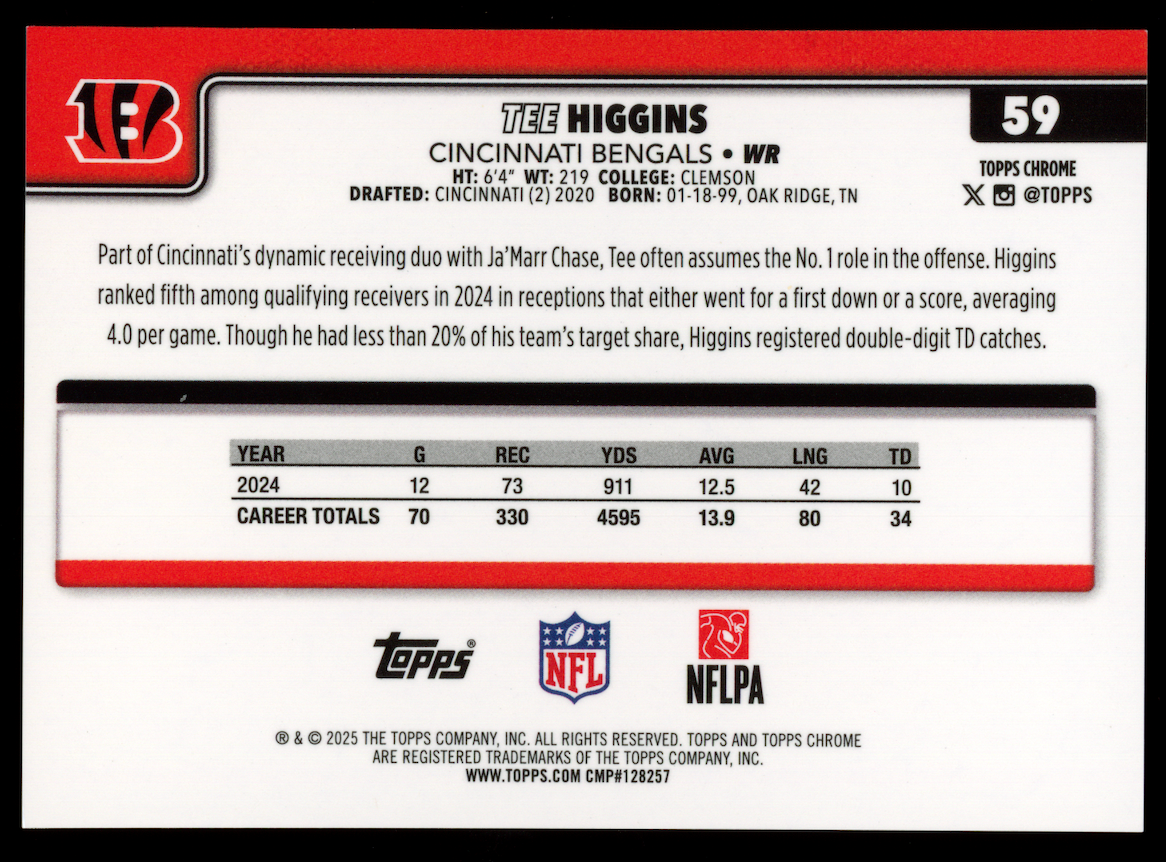 TEE HIGGINS 2025 Topps Chrome True Orange Refractor /25 #59 Bengals