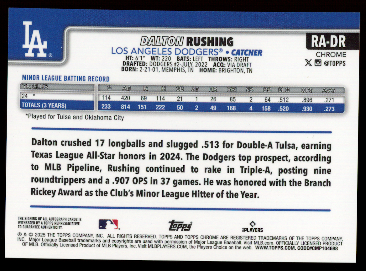 DALTON RUSHING 2025 Topps Chrome Sapphire Rookie Auto Green /99 #RA-DR