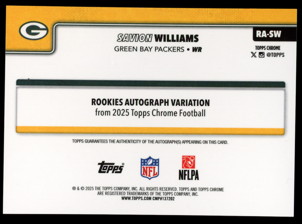 SAVION WILLIAMS 2025 Topps Chrome Rookie Auto Gold Refractor /50 #RA-SW Packers