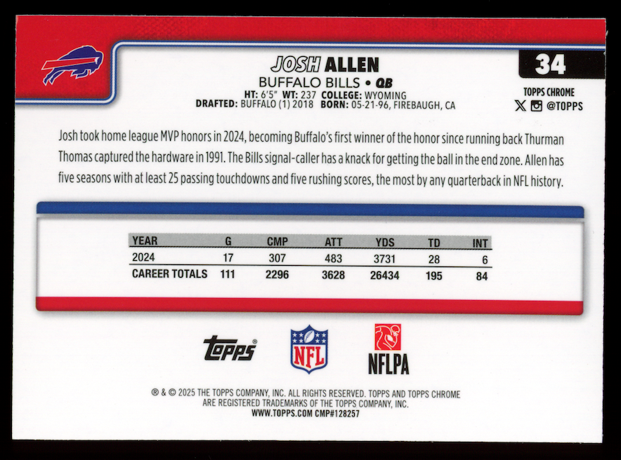 JOSH ALLEN 2025 Topps Chrome Teal Refractor /299 #34 Bills