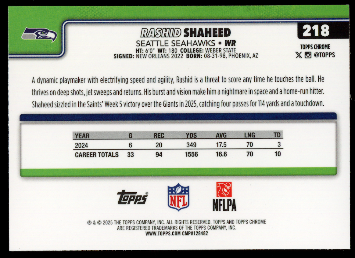 RASHID SHAHEED 2025 Topps Chrome Lightboard Logo Refractor SSP #218 Seahawks