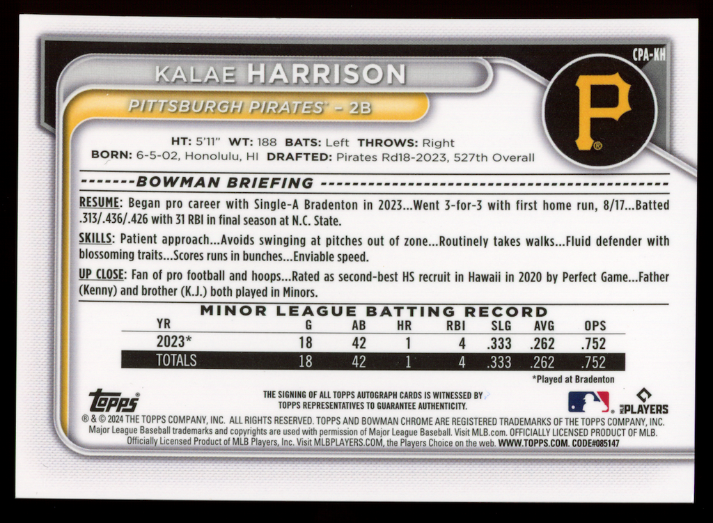 KALAE HARRISON 2024 Bowman Chrome 1st Auto Orange Lava Refractor /25 #CPA-KH