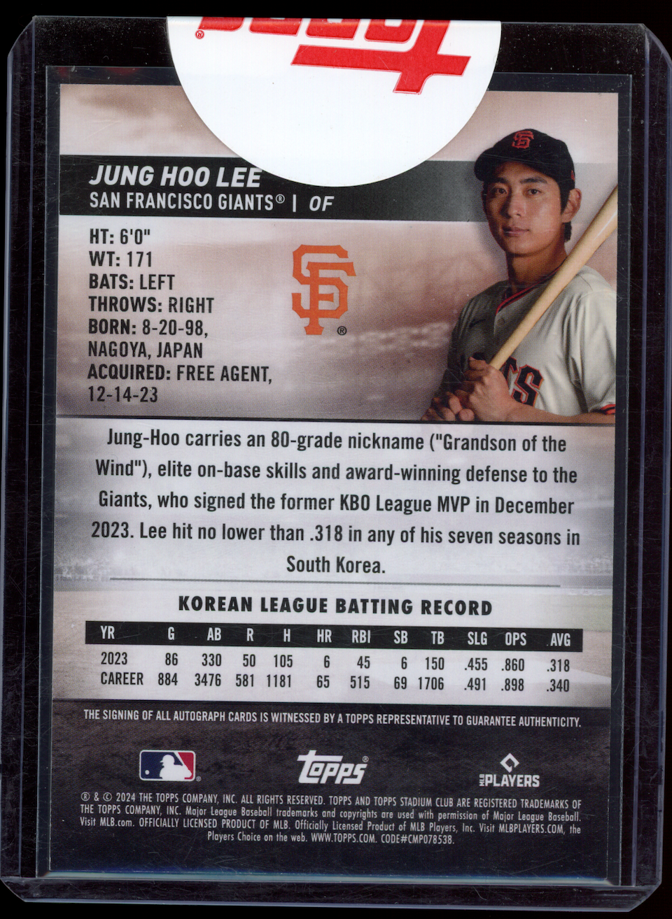 JUNG HOO LEE 2024 Topps Stadium Club Auto Rookie Giants #274
