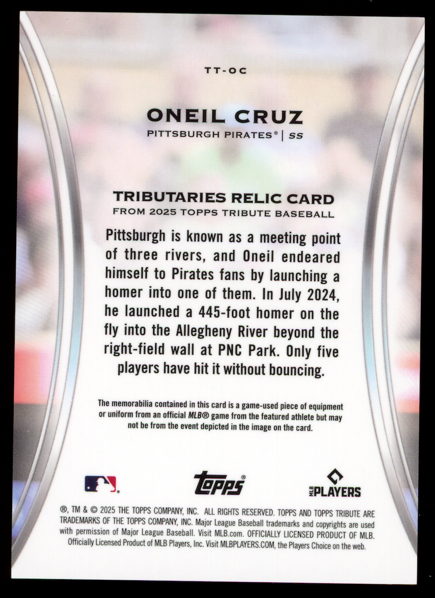 ONEIL CRUZ 2025 Topps Tribute Tributaries City Connect Patch Relic Black 1/1