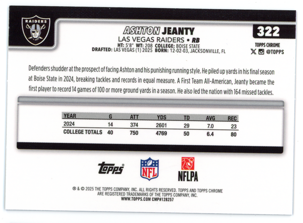 ASHTON JEANTY 2025 Topps Chrome Blue Refractor Rookie /150 #322 Raiders