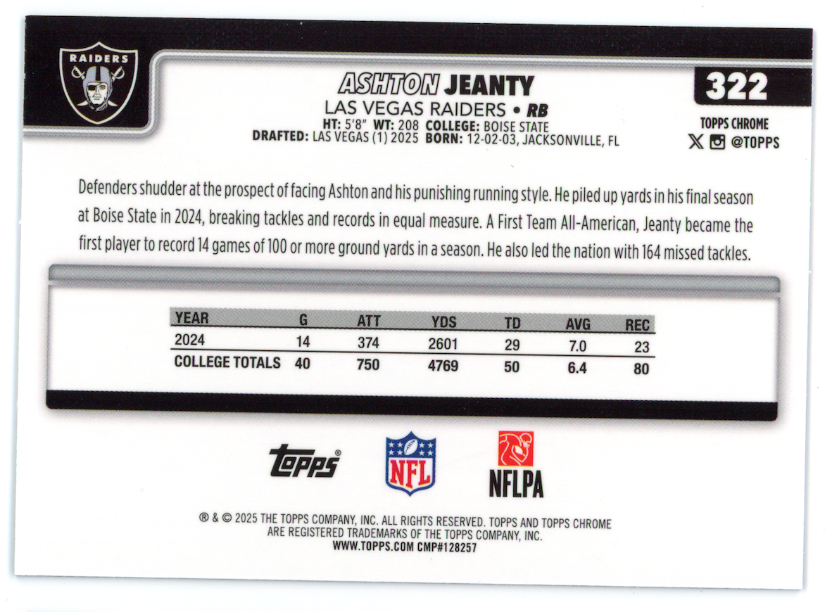ASHTON JEANTY 2025 Topps Chrome Blue Refractor Rookie /150 #322 Raiders